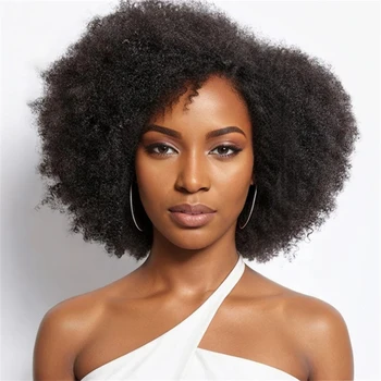Винтажный дизайн|Боковая часть Afro Curl Упругий Бесклеевой Минималистичный Кружевной Парик из 100% человеческих волос